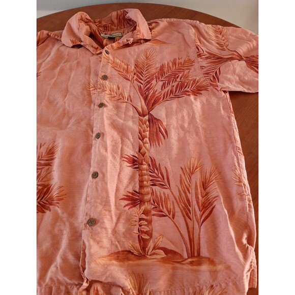 TOMMY BAHAMA Size Large 100% Silk Pink Large Palms Mens Hawaiian Camp Shirt - Picture 3 of 8